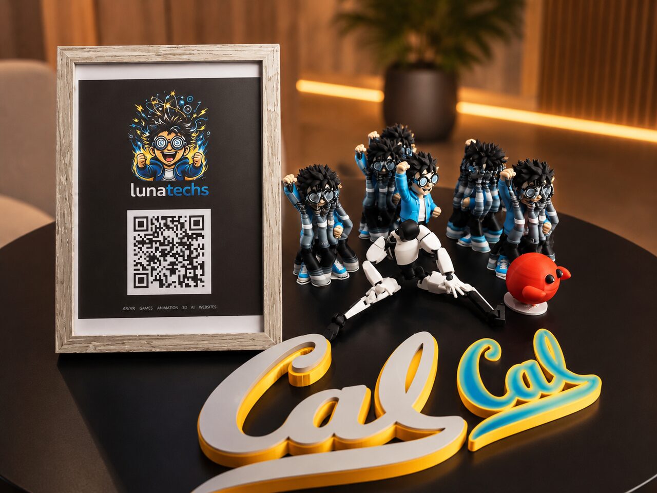 Party hats and a camera by the neon Cal sign — the kit for the night
