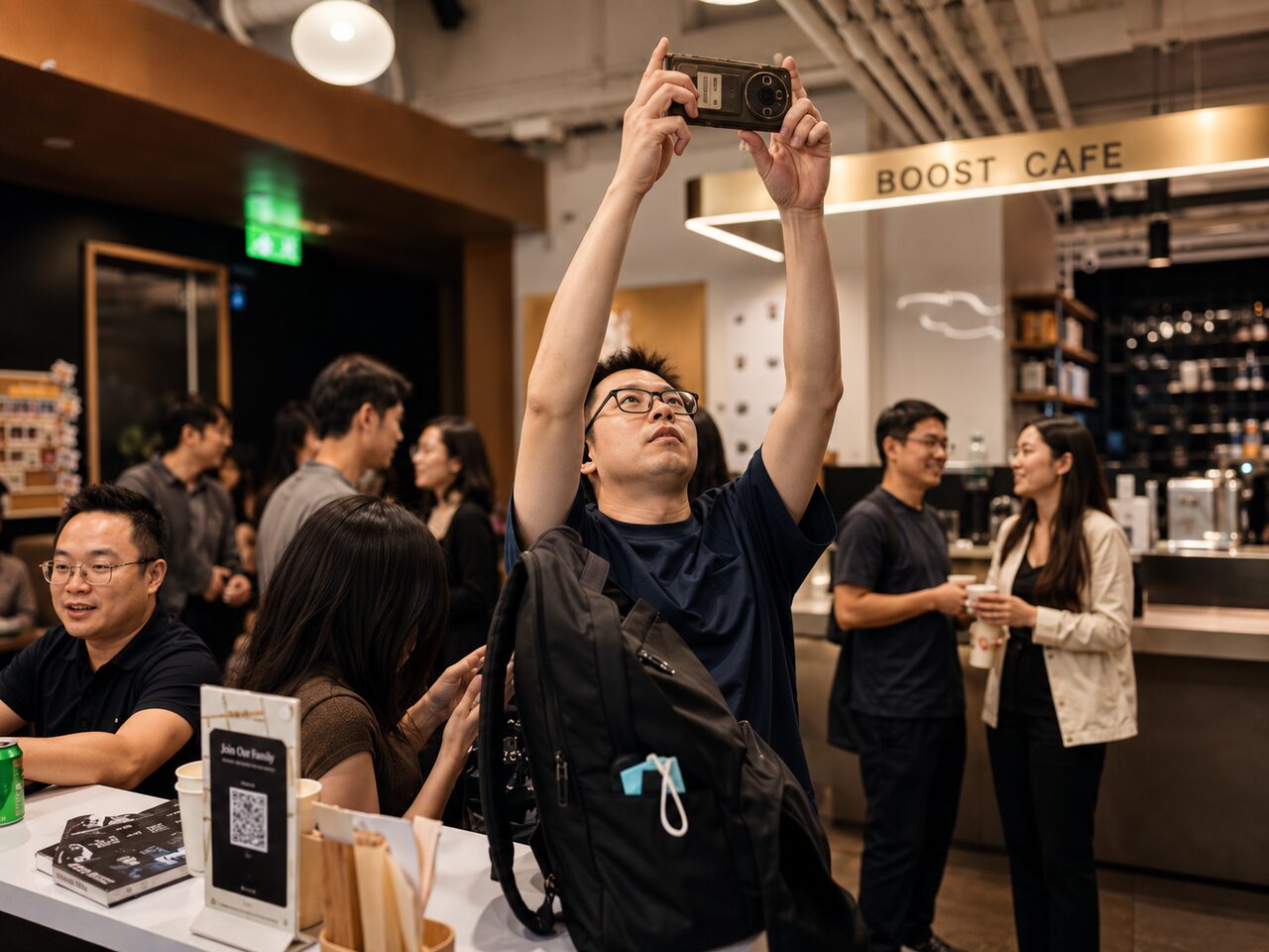 Attendees taking a selfie by the neon Cal sign