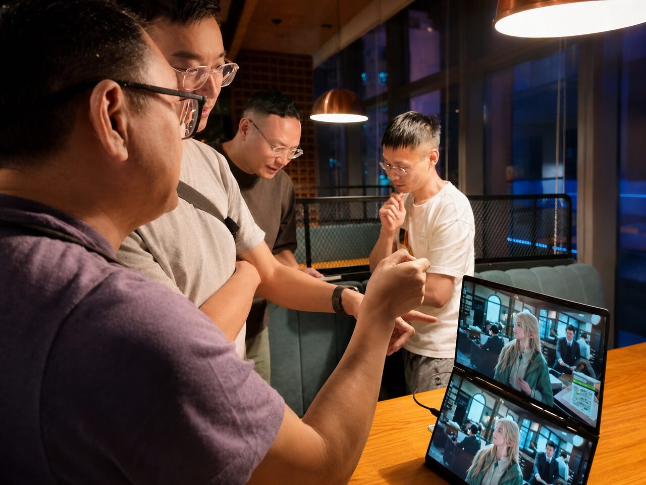 An attendee showing AI video work on laptops to the people around them