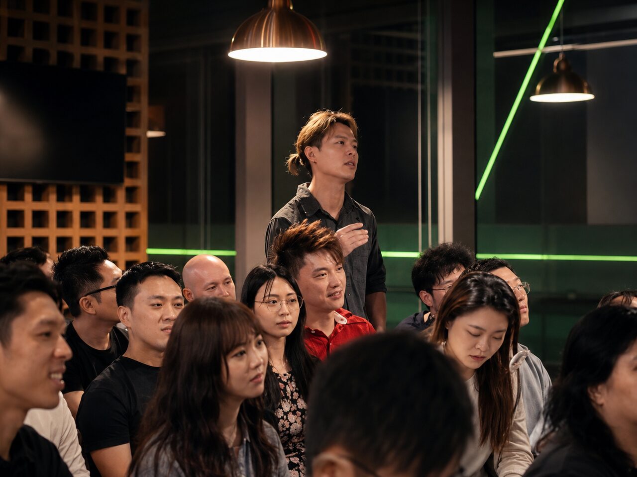 A crowd of attendees standing and networking