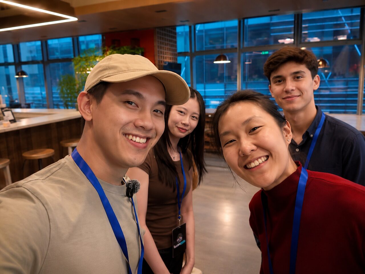 Three attendees smiling together during the break