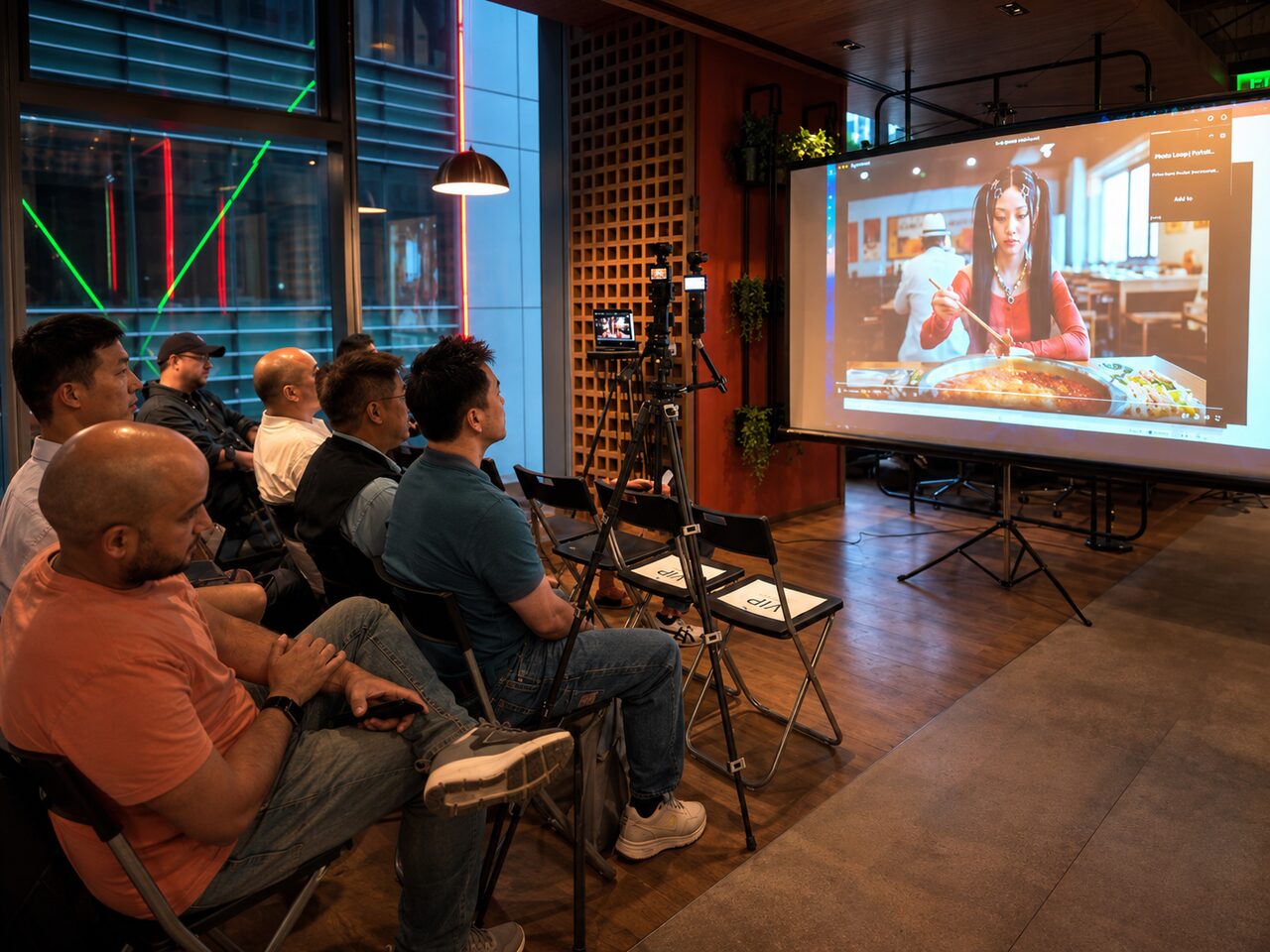 The audience watching an AI film on the projector screen